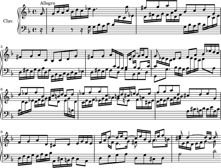 \version "2.18.2"
\header {
tagline = ##f
}
upper = \relative c'' {
\clef treble
\key f \major
\time 4/4
\tempo 4 = 92
\set Staff.midiInstrument = #"harpsichord"
\partial 16
s8*0^\markup{Allegro}
g16 | g bes a c bes d c ees d4. g8 | \stemUp fis8 g a c, bes c d g, | fis g a c, bes c d g |
% ms. 4
<< { fis8 g a16 \stemUp \change Staff = "lower" c,16 bes a bes \change Staff = "upper" d g8~ g16 a fis8 | g8 } \\ { s2 s8 g16 \stemUp \change Staff = "lower" bes, a8. c16~ | c \stemDown \change Staff = "upper" ees16 d c } >> \stemNeutral d8 ees f a \stemUp bes16 ees d c | d8 ees f bes, a16 c b d c8 d |
% ms. 7
ees8 f g c, b16 d cis e d8 e | f g a d, cis d e g, | f g a d, cis d e16 g f e |
% ms. 10
<< { \mergeDifferentlyDottedOn f16 a d8~ d16 e c8~ c16 e bes g a16 e' f8 | e d4~ d16 cis d } \\ { s8 d16 f, e8. g16 fis8 s8 a8. b16 | cis e, f d e f g8~ g16 } >> % f fis16 e fis g a fis | g8 e f cis d8 a4 g8
% ms. 13
}
lower = \relative c' {
\clef bass
\key f \major
\time 4/4
\set Staff.midiInstrument = #"harpsichord"
% *****************************
r16 | r4 r8 r16 g16 | g bes a c bes \stemDown \change Staff = "upper" d c ees | d fis e g fis a d, fis \change Staff = "lower" g,16 bes a c bes \stemDown \change Staff = "upper" d c e | \change Staff = "lower" d,16 fis e g fis a d, fis g,16 bes a c bes d c ees |
% ms. 4
d16 fis e g fis8 d g bes, c d | g, g'8. bes16 a g a \change Staff = "upper" ees' d c d8 \change Staff = "lower" a | bes16 \change Staff = "upper" d c ees d f ees g f8 d ees16 g \change Staff = "lower" b, \change Staff = "upper" d |
% ms. 7
c16 e d f ees g f aes g8 e f16 a cis, e | d16 f e g f a g bes \change Staff = "lower" a,16 cis b d cis e a, cis | d,16 f e g f a g bes a, cis b d cis8 a |
% ms. 10
d8 f g a d, g cis, d | a'2 d2*1/4
}
thePianoStaff = \new PianoStaff <<
\set PianoStaff.instrumentName = #"Clav."
\new Staff = "upper" \upper
\new Staff = "lower" \lower
>>
\score {
\keepWithTag #'print \thePianoStaff
\layout {
#(layout-set-staff-size 17)
\context {
\Score
\override SpacingSpanner.common-shortest-duration = #(ly:make-moment 1/2)
\remove "Metronome_mark_engraver"
}
}
}
\score {
\keepWithTag #'midi \thePianoStaff
\midi { }
}