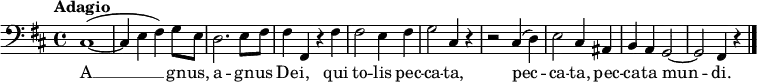 
\new Staff \with {
  midiInstrument = "piano"
} 
{
\relative c {
    \version "2.18.2"
    \key b \minor
    \time 4/4
    \tempo "Adagio"
    \clef bass
    cis1 (~
    cis4 e fis) g8 e
    d2. e8 fis8
    fis4 fis, r4 fis'
    fis2 e4 fis4
    g2 cis,4 r4
    r2 cis4 (d4)
    e2 cis4 ais4
    b4 a4 g2 ~
    g2 fis4 r4
    \bar "|."
}
}
\addlyrics {
  \lyricmode {
	A1 __ gn -- us,
	a2 -- gn -- us
	De -- i, qui
	to -- lis pec
	-- ca -- ta,
	pec -- ca -- ta,
	pec -- ca -- ta
	mun -- di.
  }
}
