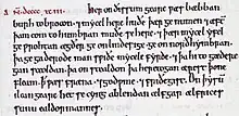 Un bout d'une page de parchemin couverte de texte écrit serré à l'encre noire. Au début du paragraphe apparaît l'année 993 à l'encre rouge en chiffres romains.