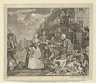 Planche 4 d'A Rake's Progress (La Carrière d'un libertin), de William Dent&nbsp;(d) et Richard Corbould, d'après William Hogarth, gravure).