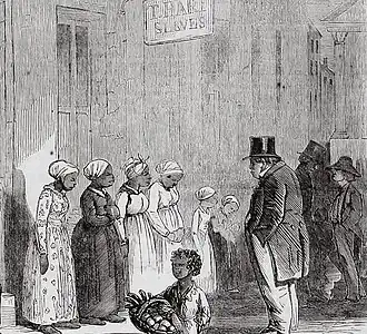 Gravure de presse, groupe de femmes esclaves noires portant un bandana.