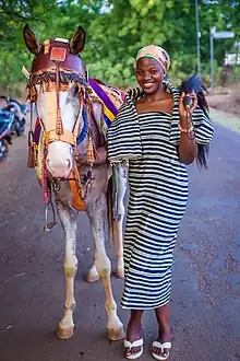 Un cheval richement coloré vu de face tenu par une femme noire portant une robe rayée.