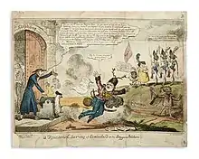 Caricature montrant un personnage en chassant un autre à coup de canon.