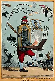 A printing press with a pair of legs brandishes a quill wrap