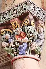 Chapiteau polychrome de l'abbaye de Saint-Sever, fondée à la fin du Xe siècle.