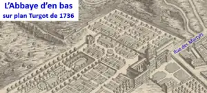 Abbaye d'en bas et ses jardins sur plan Turgot de 1736.
