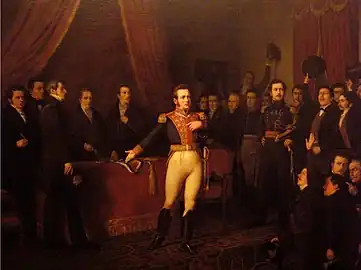 Manuel Antonio Caro (Chili) Abdicación de O´higgins (« L'abdication de Bernardo O'Higgins », 1875, Musée historique national&nbsp;(es)).