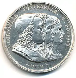 Académie de Rouen 1744, Corneille, Fontenelle, Poussin, argent, 33&nbsp;mm.