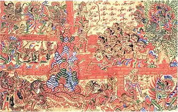 Scène de l'Adi Parva&nbsp;(en), le premier livre du Mahabharata, vers 1890, Rotterdam, Wereldmuseum.