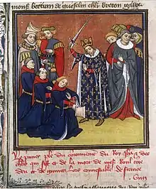 Enluminure (manuscrit XVe siècle). Le roi lève l'épée pour en frapper l'épaule de 3 hommes à genoux