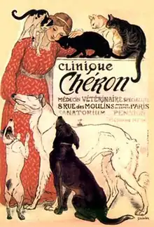 «&nbsp;Clinique Chéron&nbsp;», lithographie et affiche de Théophile Alexandre Steinlen (crayon et pinceau, H 1,97 m, L 1,40 m, mai 1905), représentant, entre autres, un barzoï.