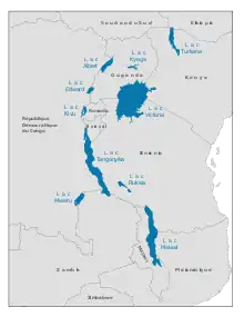 Carte montrant les différents pays des grands lacs : RDC, Ouganda, Rwanda, Burundi.