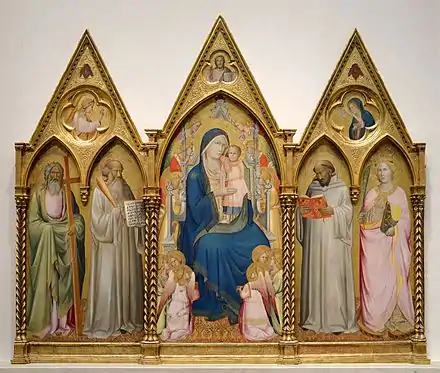 Agnolo Gaddi, Vierge et l'Enfant trônant entourés de saints et d'anges.
