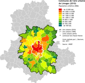 carte figurant l'aire urbaine de Limoges et ses diverses communes