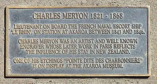 Plaque commémorative à Akaroa, île du Sud, Nouvelle Zélande.
