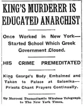 Titre de journal en anglais faisant état de la mort d'un homme, où l'on peut lire « King's Murderer is Educated Anarchist ».