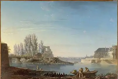 Alexandre Jean Noël, L'Île Louviers et la Pointe de l'île Saint-Louis (XVIIIe&nbsp;siècle) ; le pont de Grammont est visible dans la moitié gauche du tableau.
