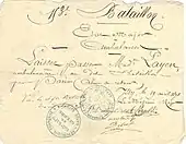 Scan d'un laissez-passer utilisé par Alix Payen. Il y est écrit : « Cent-cinquante-troisième bataillon. État-major. Ambulance. Laissez-passer Madame Payen, ambulancière au dit bataillon, pour Paris (aller et retour). Issy, le 19 avril 1871. Vu, le chef de bataillon E. Lalande ; le médecin major A. Peraldi ; pour le colonel d'état-major, le secrétaire (illisible). »