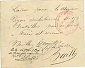 Scan d'un laissez-passer utilisé par Alix Payen. Il est écrit : « Laissez passer la citoyenne Payen, ambulancière du cent-cinquante-troisième bataillon pour se rendre à Paris et revenir. Neuilly, 18 mai 1871. L'officier de service, Baillo. Vu le 20 mai 1871, le chirurgien major du bataillon, A. Peraldi. »