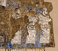 Ambassadeurs de &nbsp;Chaganian&nbsp;(en) (figure centrale, inscription du cou) et de Tchatch (Tachkent moderne) auprès du roi Varkhuman de Samarkand (648-651 CE, peintures murales d'Afrasiyab, Samarkand,).