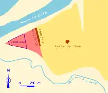 Plan en couleurs d'un site antique avec quelques repères topographiques.