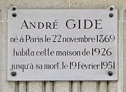 Plaque au no&nbsp;1 bis à la mémoire d'André Gide.