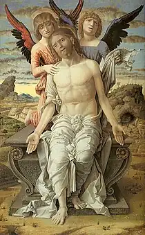 Andrea Mantegna   Christ mort soutenu par deux anges, 1489, 83&nbsp;×&nbsp;51&nbsp;cm Copenhague, Statens Museum for Kunst.