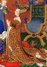 Miniature représentant Anne, duchesse de Bedford, priant devant sainte Anne (Heures de Bedford, British Library, Add MS 18 850, fo&nbsp;257vo&nbsp;).