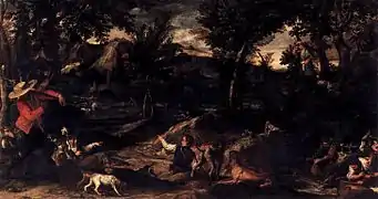 Scène de chasse par Annibale Carracci (avant 1595), 1,36&nbsp;m x 2,53&nbsp;m