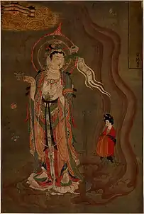 Bodhisattva montrant la voie. Couleur sur soie, 80,5&nbsp;×&nbsp;53,8&nbsp;cm.. Dynastie Tang. Dunhuang. British Museum.