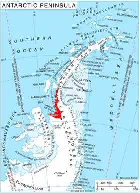 {Carte de la péninsule Antarctique permettant de localiser la côte de Fallières.