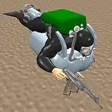 Représentation d'un nageur de combat russe contemporain ; Système de respiration IDA71, engin de propulsion individuelle Protei 5, fusil d'assaut sous-marin APS.