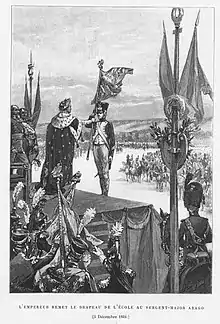 Gravure représentant Napoléon Ier remettant le drapeau de l'École à Arago