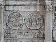 Arc de Constantin. Tondi d'Hadrien. Bas-relief. Chasse au sanglier, sacrifice à Apollon.Vers 130-140 EC
