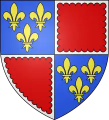 Armes de la branche d'Orval à partir du XVe&nbsp;siècle : Écartelé, au premier et au quatrième de France, au deuxième et au troisième de gueules à la bordure engrêlée d’argent.
