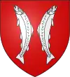 Blason avec 2 poissons blancs adossés debout sur fond rouge