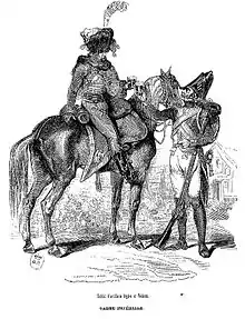 Un soldat à cheval à gauche trinquant avec un fantassin.