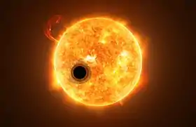 Vue d'artiste de l'exoplanète WASP-107 b devant son étoile.