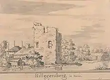 Gravure d'un château en ruine.