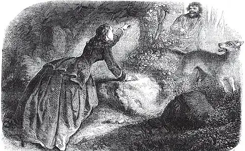 Menacée par la Bête, la belle châtelaine Christine de Barjac appelle vainement Jeannot-Grandes-Dents à son secours. Illustration de Gustave Janet, Journal pour tous, no&nbsp;148, 30 janvier 1858.