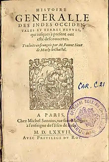 Page de titre du livre Histoire generalle des Indes (1577)