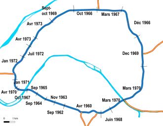 Carte des mises en service par sections, de 1962 à 1973