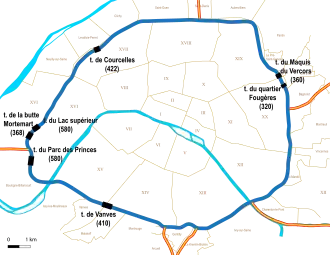 Schéma localisant les 7 tunnels de plus de 300&nbsp;m (5 dans la partie gauche, 2 à droite)