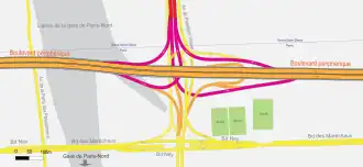 Schéma de l'échangeur de la porte de la Chapelle, le périph est horizontal, l'autoroute A1 se raccorde par le haut