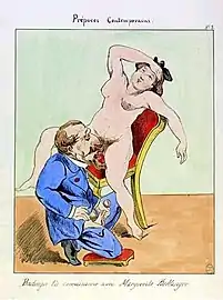 Position assise (caricature anonyme de Napoléon&nbsp;III honorant sa maîtresse, Marguerite Bellanger).