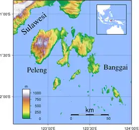 Carte topographique des îles Banggai avec Peleng et Banggai.