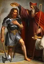 Tableau du XIXe&nbsp;siècle illustrant le baptême de Clovis, évènement mis en valeur par un roman national repris par le discours sur les racines chrétiennes de la France.