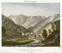 Lithographie en trois couleurs d'une vallée montagneuse de part et d'autre d'un cours d'eau.