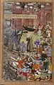 Akbar apprivoise Hawai, l'éléphant fou. Composition de Basawan, couleurs de Chitra (partie droite), Akbarnama, v. 1590, Victoria and Albert Museum