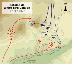 Carte topographique indiquant en couleurs les positions des belligérants.